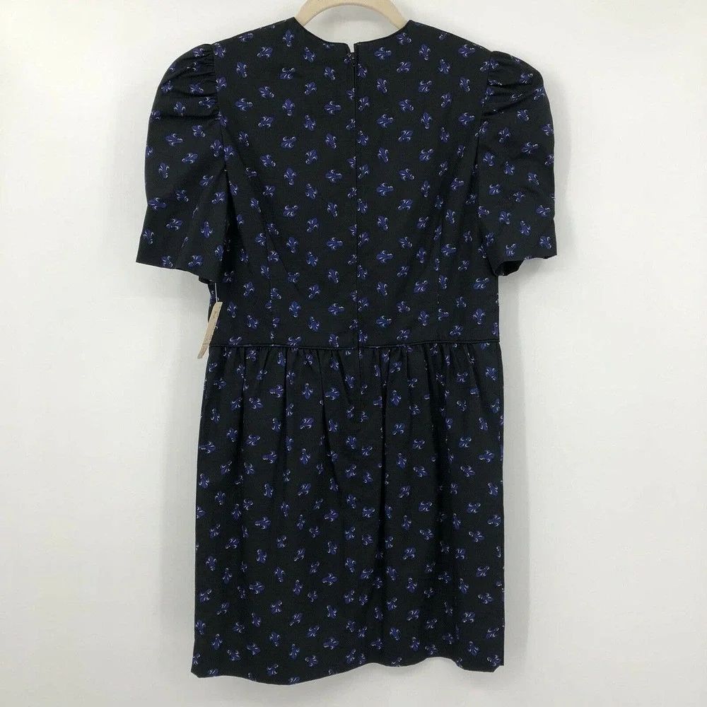 VINTAGE Grandchildren Dress 1980s Sz 14 NWT Black Blue Fleur De Lis Poof Sleeve - Picture 2 of 7